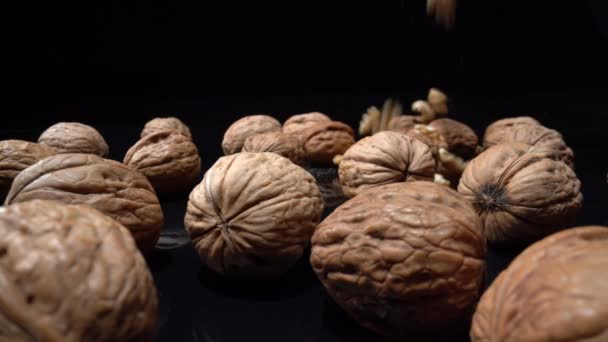 Lots Whole Broken Walnuts Falling Macro Shot Super Slow Motion — 비디오