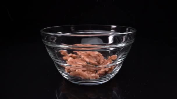 Falling Shelled Walnuts Super Slow Motion Macro Shot Glass Plate — Vídeos de Stock