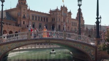 Spanish city of Seville view of the Plaza de Espana and tourists walking in the square. 16 September 2022. High quality 4k footage