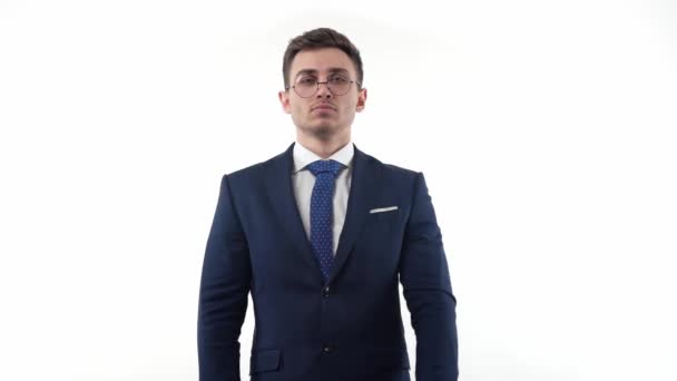Man Businessman Suit Glasses White Background Shows Emotional Gesture His — Video