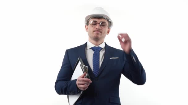 Man Businessman Suit Glasses Protective Helmet White Background Thinking Solving — Stockvideo