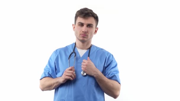 Portrait Young Medic Blue Uniform Stethoscope Good Appearance Smiles Neutral — Stockvideo