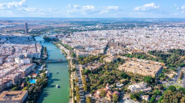 Aerial view of the Spanish city of Seville in Andalusia region on the river Guadaquivir overlooking cathedral. High quality photo