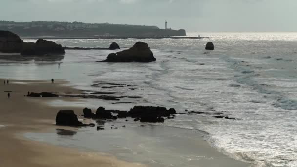 Portuguese Beach Top View Rocks Walking Tourists High Quality Footage — Stockvideo