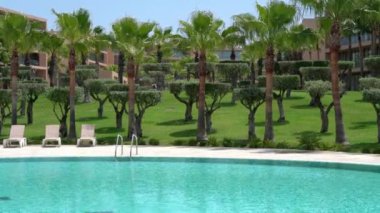 Hotel with swimming pool with blue clear water and nature. Palms. Nature. High quality 4k footage