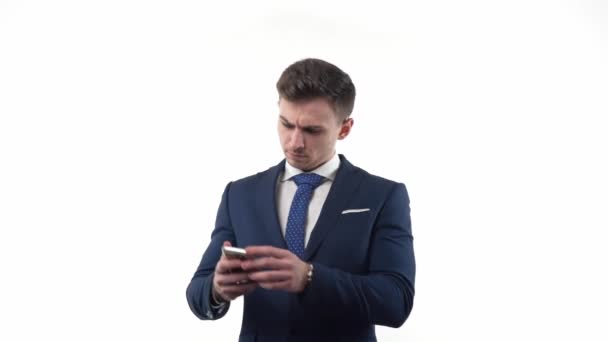 Young Male Businessman Suit Smartphone Rejoices Winning Lottery Emotions Positive — Wideo stockowe