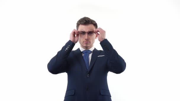 Handsome Male Businessman Suit Puts Glasses Solves His Problems Thoughtfully — Stockvideo