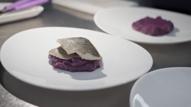 Chef Decorates Elegant Fish Fillet Dish Buffet Hotel High Quality — Stock Video