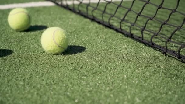 Tennis Balls Racket Background Grid Closeup Sport Concept High Quality — Stock Video