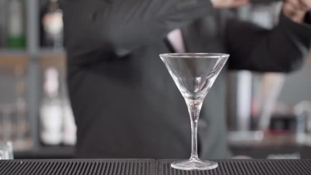 Barman Barem Rozostřený Sklenice Martini Popředí Narušuje Koktejl Vysoce Kvalitní — Stock video
