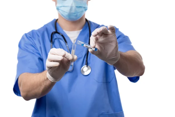 Young Medic Doctor Chemist Stethoscope Pours Out Contents Test Tube — Fotografia de Stock
