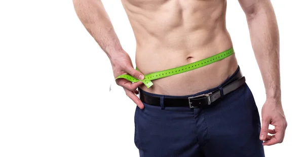 Athletic Muscular Man Perfect Body Measuring His Waist Tape Measure — Stock Photo, Image