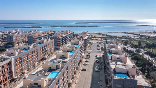 Aerial View Portuguese Fishing Tourist Town Olhao Overlooking Ria Formosa Imágenes de stock libres de derechos