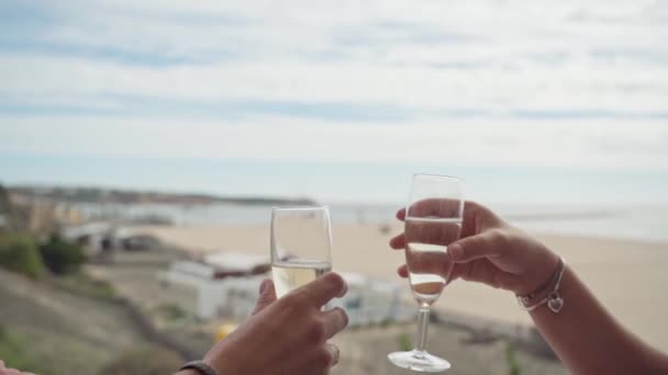海を背景にレストランのテラスで乾杯や白ワインを飲んでいる人もいます スローモーション 高品質のフルHd映像 — ストック動画