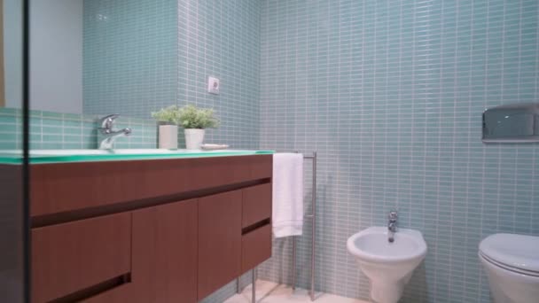 Modernes Badezimmer Filmischer Bewegung Mit Einfachem Dekor Hochwertiges Filmmaterial — Stockvideo