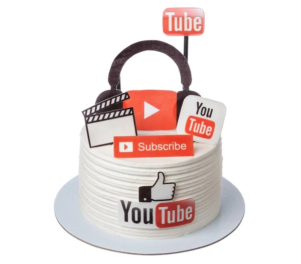 Vacker Smaskig Födelsedagstårta Med Youtube Logotyp Och Vlogger Hörlurar Faro — Stockfoto