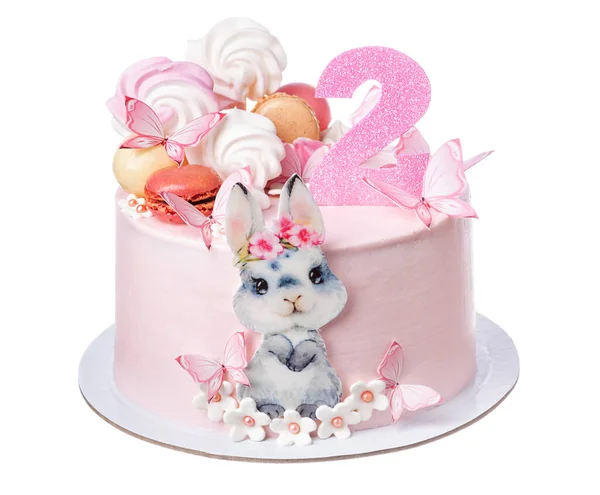 Sweet pink cake with marshmallows, rabbit, butterflies and flowers for the birthday of a girl with number two. High quality photo