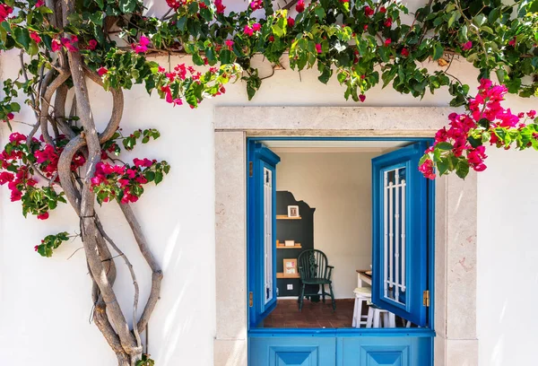 Typické Portugalské Stavební Architektonické Dveře Květinami Před Dveřmi Otevřenými Okenicemi — Stock fotografie