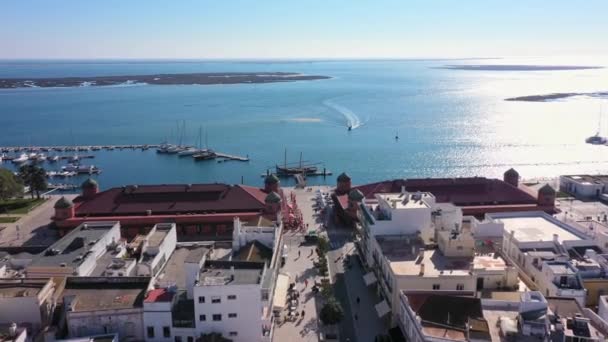 Légi Felvétel Olhao Portugál Déli Városáról Kilátás Önkormányzati Piac Tenger — Stock videók