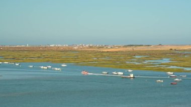 Ria Formosa 'nın doğal deniz parkı. Arka planda botlar ve havaalanı var. Yüksek kalite 4k görüntü