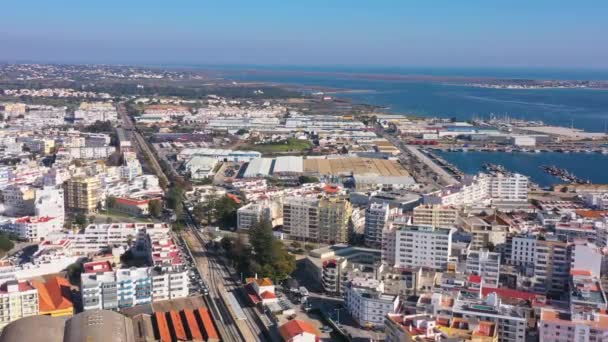Letecké Záběry Portugalského Jižního Města Olhao Pohled Železniční Trať Průmyslové — Stock video