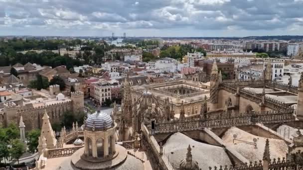 観光客の群衆とセビリアの街の上の劇場タワーの屋上からの美しい景色 スペイン — ストック動画