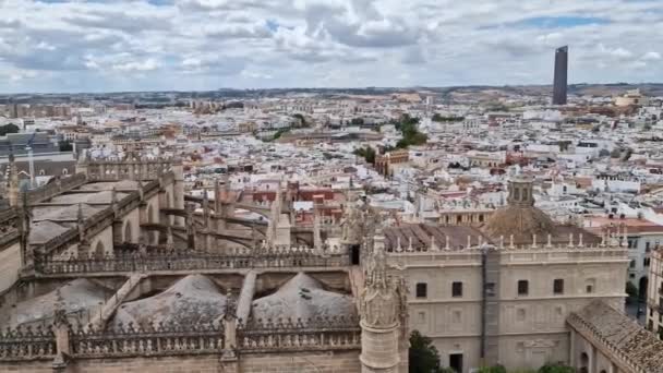 从塞维利亚城的大教堂塔顶上俯瞰着美丽的风景 游客成群结队 西班牙 — 图库视频影像