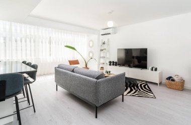 Gri kanepe, televizyon alanı ve ekose sepetli modern bir apartman dairesi. Yüksek kalite fotoğraf