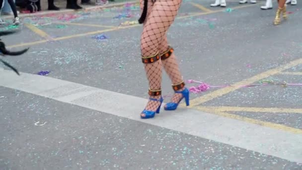 Жіночі Витончені Ноги Костюмах Красиве Взуття Танцюють Самбу Веселому Карнавальному — стокове відео