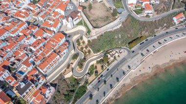 Aerial panorama of the city of Sines, Setubal Alentejo Portugal Europe. Aerial view of the old town fishing port, historic center and castle.  clipart