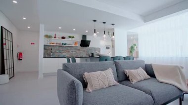 Parlak ve modern oturma odasında parlak gri bir kanepe kumaşlı yastıklar, saksılı yuvarlak bir kahve masası, zebra desenli bir halı ve arka planda açık bir mutfak var..