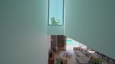 Doğal ışık modern bir oturma odasını aydınlatıyor, kayan cam kapılardan yüzme havuzu manzarası gösteriyor, yukarıda görünen bir asma kat, parlak ve havadar bir atmosfer yaratıyor.