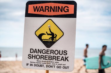 A dangerous shorebreak sign at the beach in the north shore of Oahu, Hawaii, United States