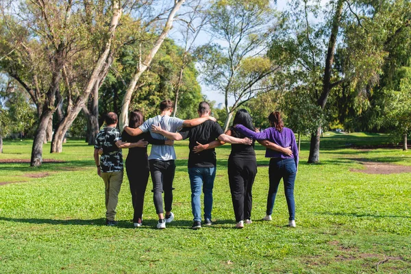 Οπίσθια Όψη Μιας Ομάδας Φίλων Που Αγκαλιάζονται Ενώ Περπατούν Έννοια — Φωτογραφία Αρχείου