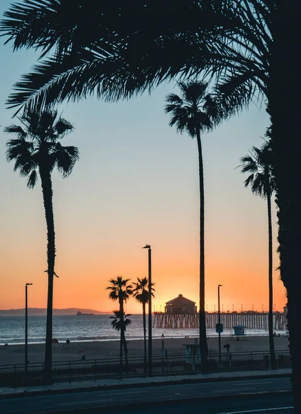 Molo Při Západu Slunce Huntington Beach California Spojené Státy — Stock fotografie