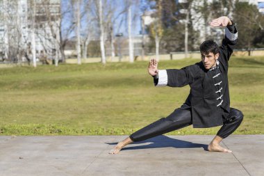 Halk parkında tekmeleme pratiği yapan genç bir atletik dövüş sanatları dövüşçüsü klasik kung fu üniforması giyiyor. Boşluğu kopyala