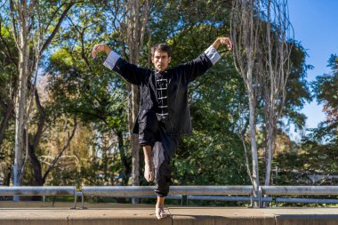 Dövüş sanatları dövüşçüsü vinç pozisyonu çalışıyor.