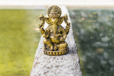 Altından Ganesha heykeli suyun üstünde bir sandıkta. Boşluğu kopyala