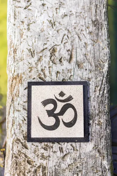 Top angle view of an Om sign on tree trunk over water. Yoga and meditation concept. Vertical shot