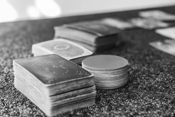 stock image Close-up of various tarot decks arranged aesthetically