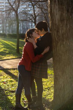 LGBT couple of women sharing a passionate kiss against a tree at sunset clipart