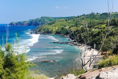 Hawaii adalarından biri olan Maui 'de kayalık bir sahil şeridi manzarası var.