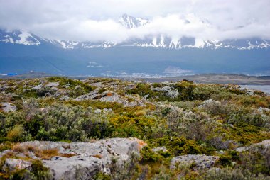 Ushuaia, Arjantin 'deki kayalık zemin ve karla kaplı dağların manzarası