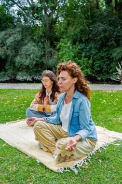 Meditasyon yapan ve doğal ortamda rahatlayan iki kadının dikey çekimi.