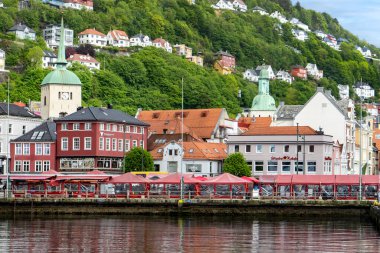 Bergen, Norveç - 27 Mayıs 2025: Bergen 'de canlı balık pazarı sahnesi ve arkasında Floyen Dağı