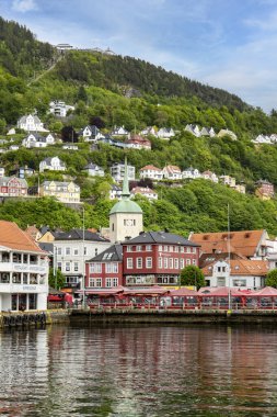 Bergen, Norveç - 27 Mayıs 2025: Bergen 'deki Balık Pazarı sahnesinin dikey çekimi