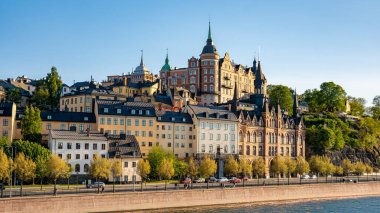 Stockholm yamaçlarında tarihi binalar ve liman manzarası var.