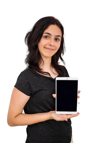 Mooi Tienermeisje Heeft Een Zwarte Tablet Mock School Meisje — Stockfoto