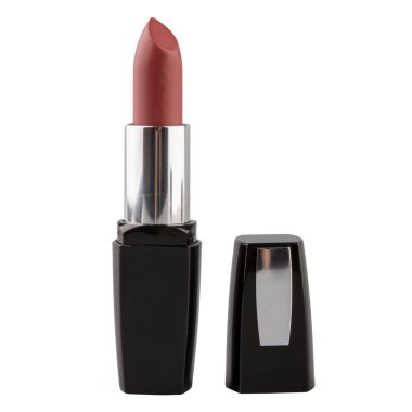 Beyaz arkaplanda siyah bir çantada ruj aç