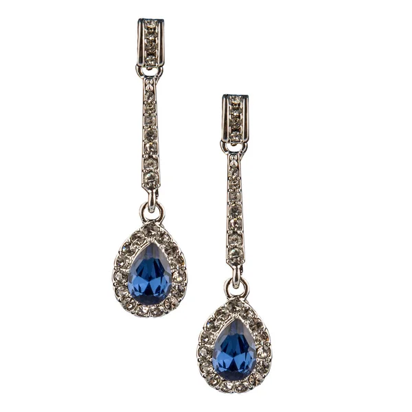 Silberne Ohrringe Mit Blauen Kristallen Auf Weißem Hintergrund — Stockfoto
